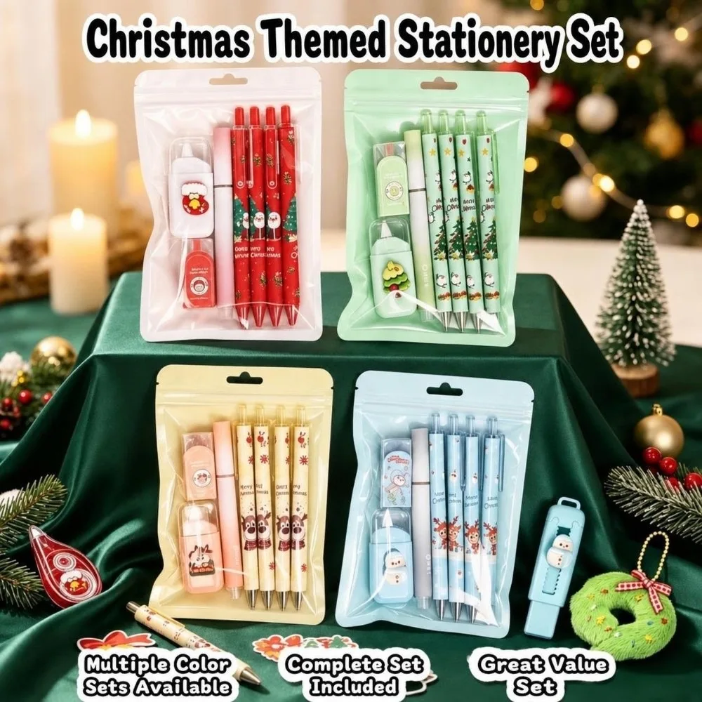 Multifunctional Highlighter Christmas Stationery Set Eraser Correction Tape School Supplies Kit Gel Pen Kit Christmas Gift