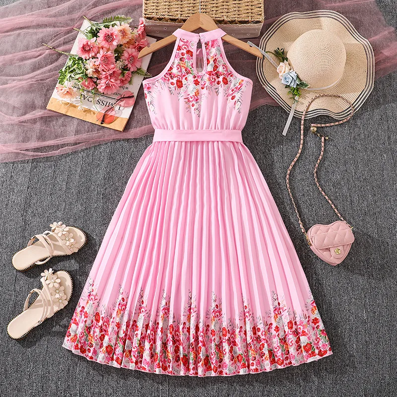 Girls' Dress 2026 Spring/summer Printed Pleated Long Skirt Sleeveless Hanging Neck Children's Dress Girls Clothes