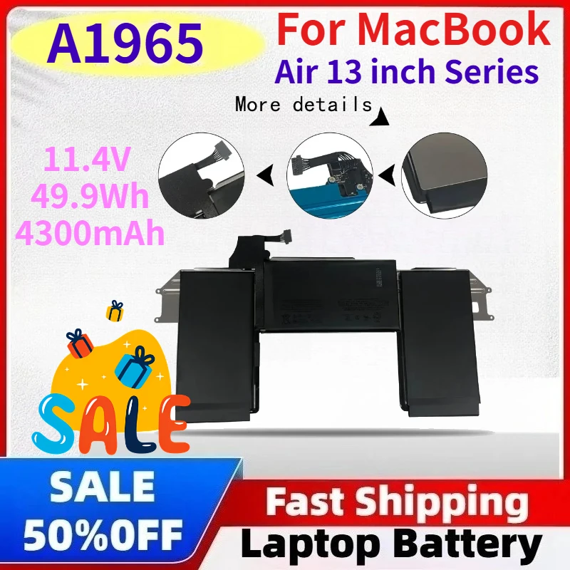 

A1965 49.9Wh 4300mAh Battery for MacBook Air 13-inch Model A1932 A2179 A1965 Battery Replacement 2018 2019 Version Real Capacity