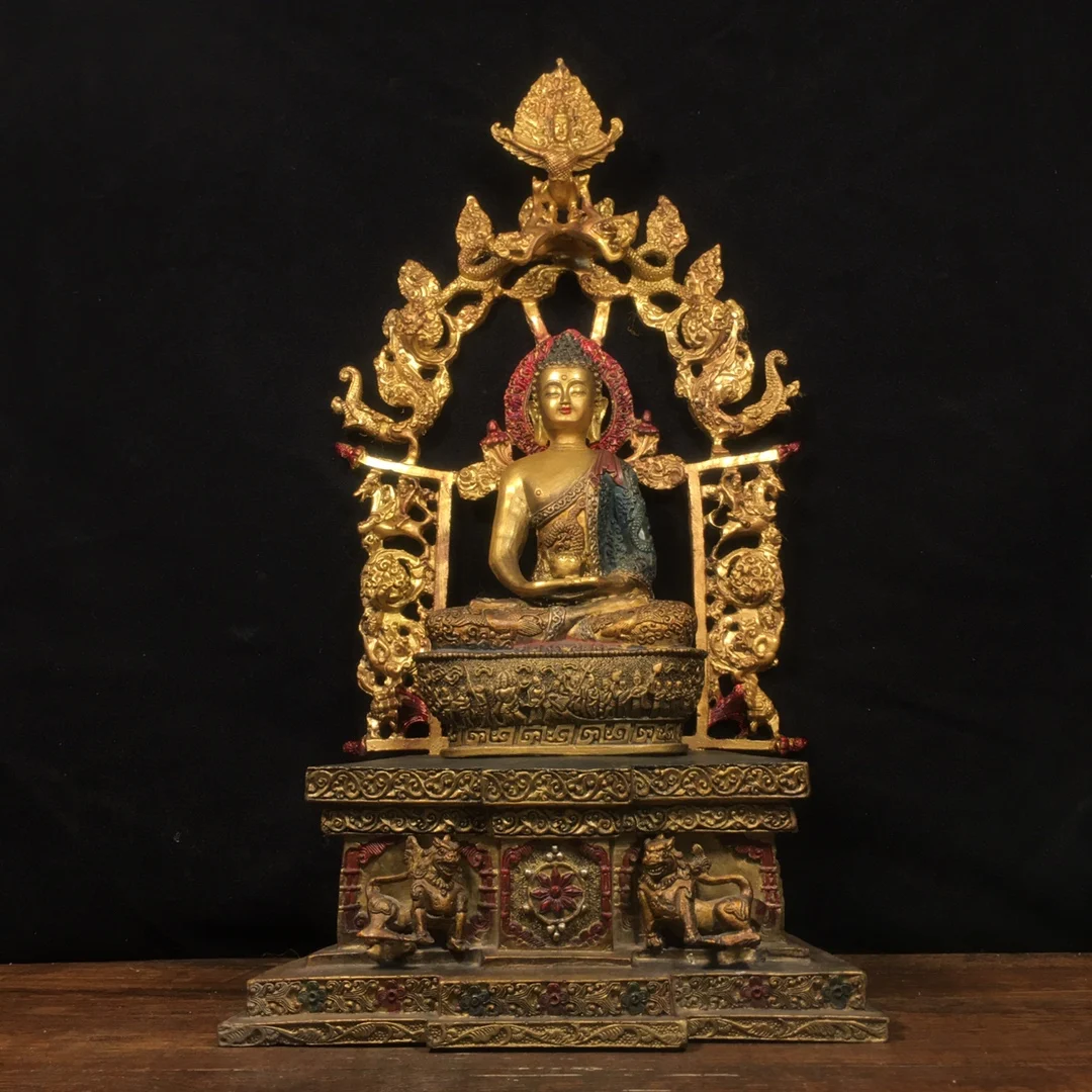 

16"Tibetan Temple Collection Old Bronze Painted Shakyamuni Buddha Platform Buddhist Niche Worship Hall Town house Exorcism