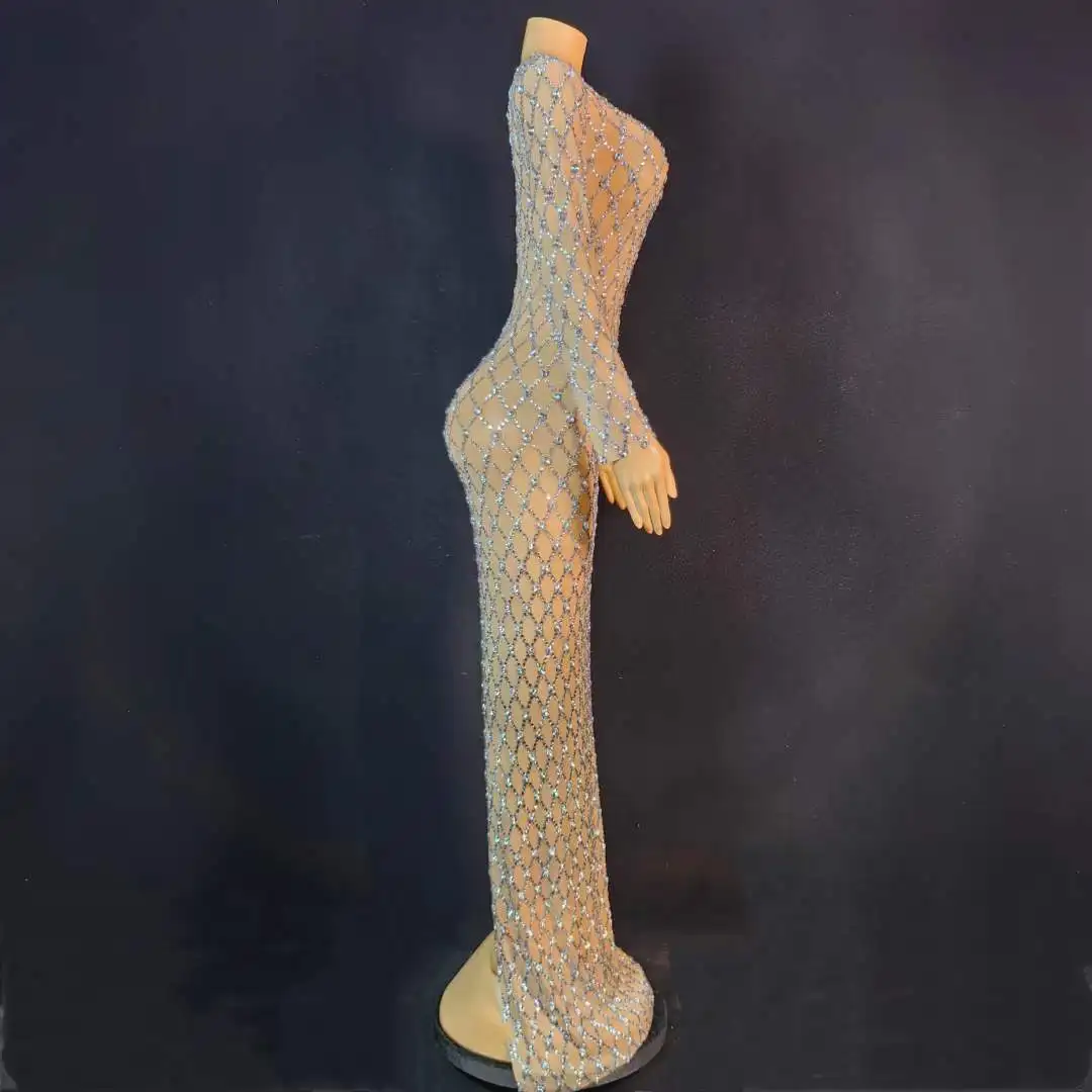 فستان نسائي طويل فاخر من حجر الراين الكريستالي لحفلات أعياد الميلاد والسهرات فستان طويل لأداء المغني الزي سحب الملكة