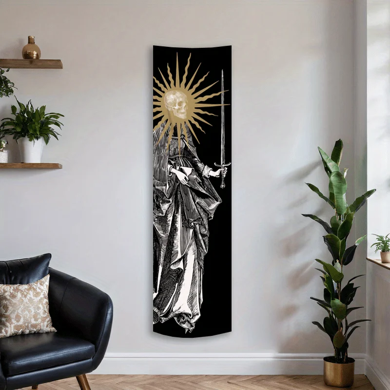 Tapestry Wall Hanging Tapestry for Bedroom Skull Sword Day Vertical Banner Tapestry - Black and White Diablo Style Long and