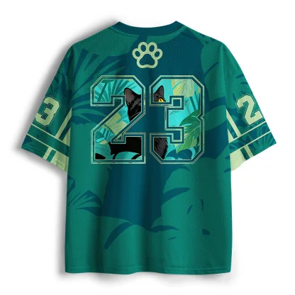 Mesh V Neck Short Sleeve Jersey, Black Cat Tropical Leaves Japanese Graphic Tee, Jungle Animal Print Loose Breathable Sports Top