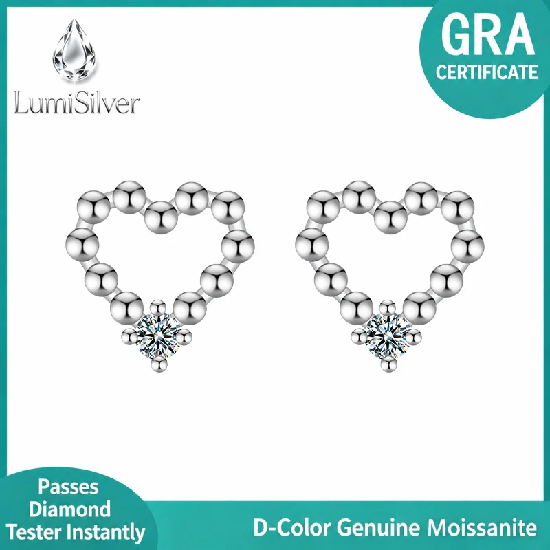 Women's S925 Sterling Silver Heart-Shaped Moissanite Stud Earrings Simple Elegant Ear Jewelry with Silver Needle