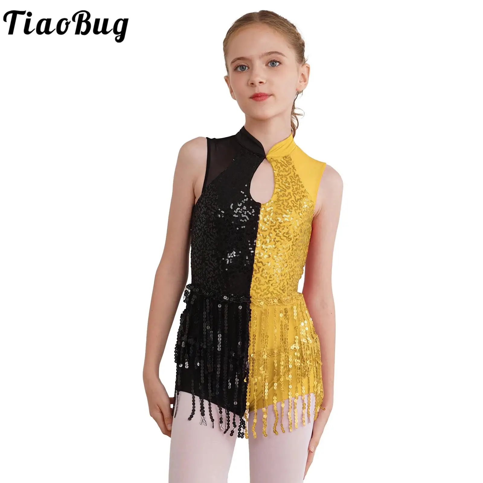 

Kids Girls Sequins Latin Dance Dress Sleeveless Tassels Frige Moden Jazz Leotard Dress Figure Skating Gymnastics Bodysuit Outfit