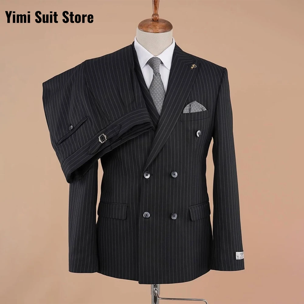 

Pinstripe Men's Suits 2 Pieces Peaked Lapel Wedding Groom Business Double Breasted Suit Blazer Sets Customized Jacket+Pants