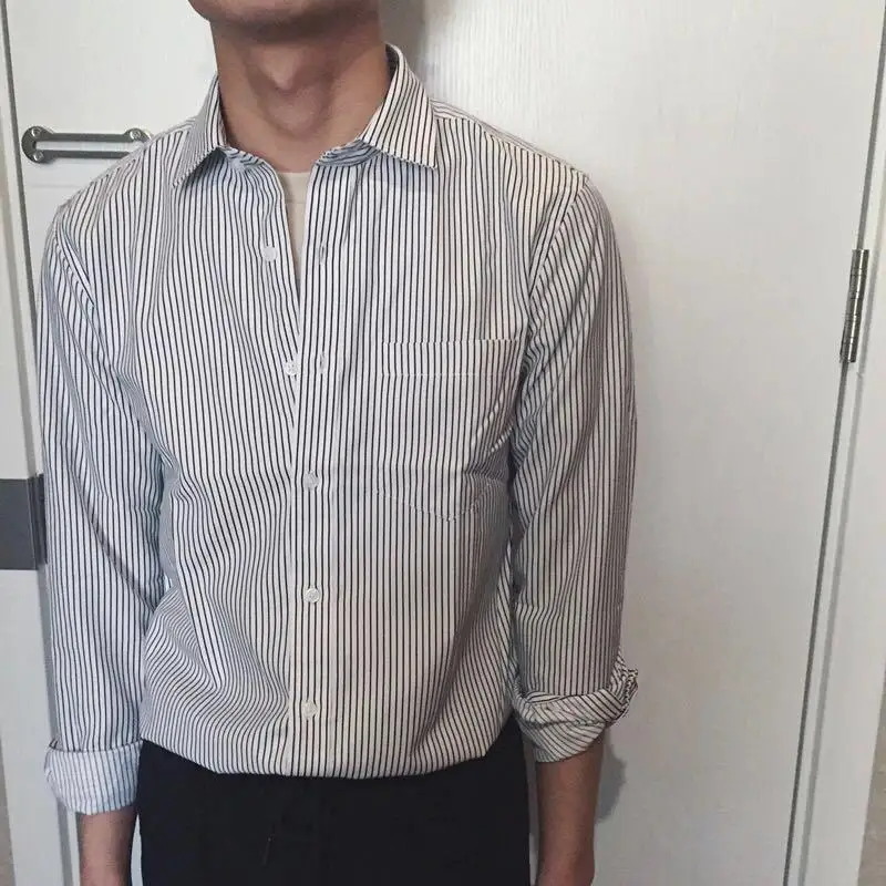New Korean-style Slim-fit Striped Long-sleeve Shirt for Men Casual Retro Square Collar Loose Large Size Men's Shirt Trend