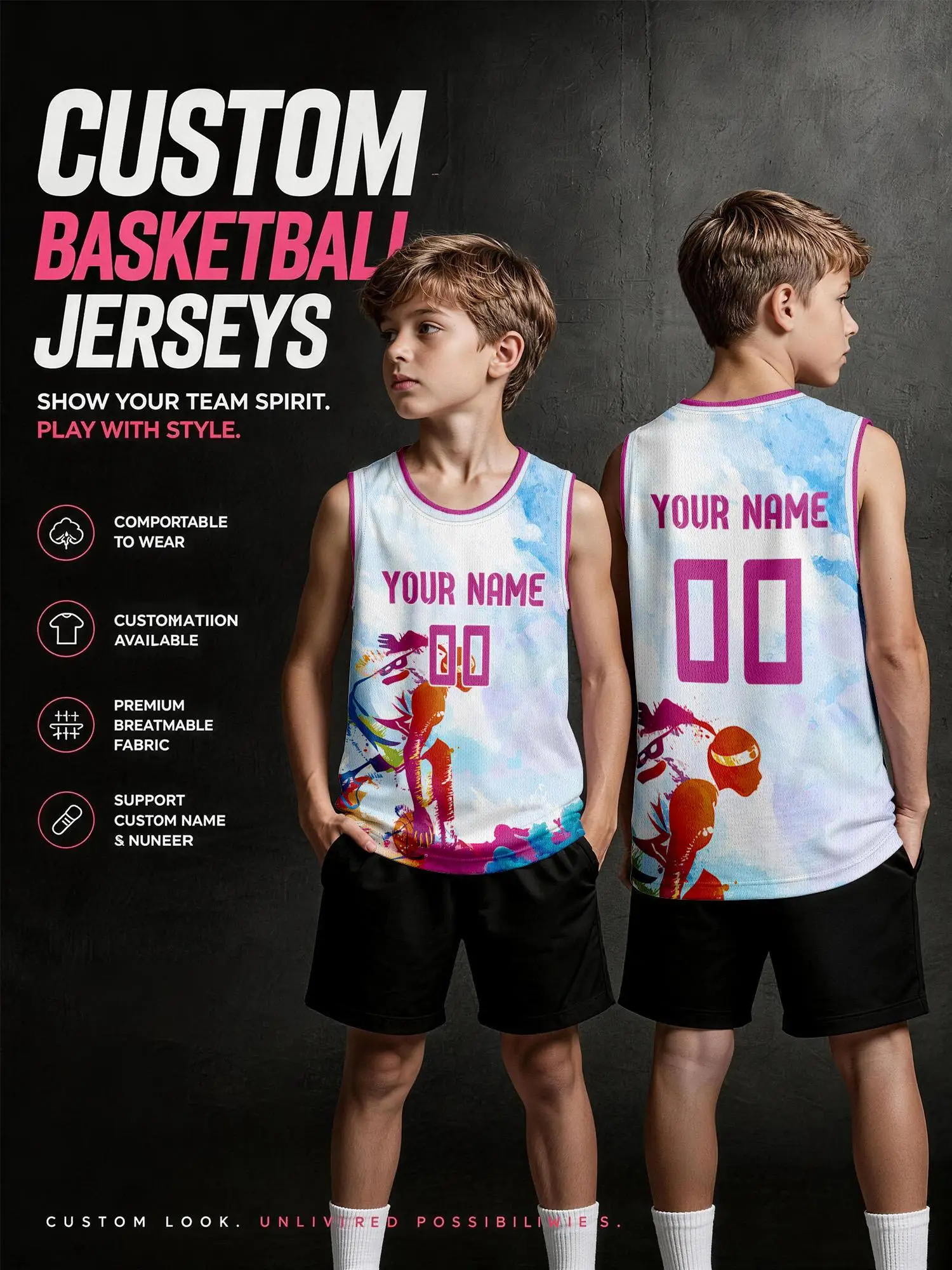 Watercolor Basketball Silhouette Custom Basketball Jersey, DIY Name & Number, Breathable Quick‑Dry Set For Adults & Kids