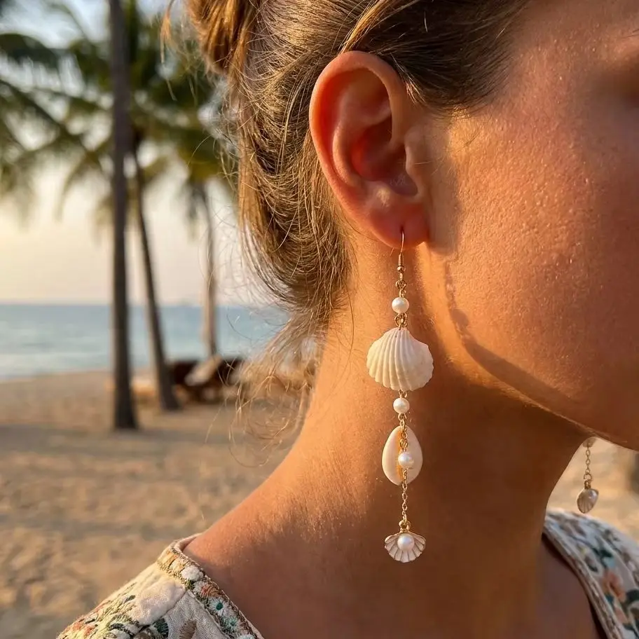 Mermaidcore Seashell Imitation Pearl Tassel Earrings for Women Boho Conch Shell Long Dangle Earrings Party Jewelry Gift