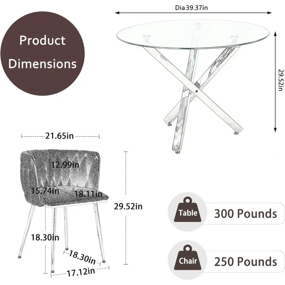 39'' Dining Table Set for 4 with Grey Woven Dining Chair, 5 Pieces Minimalist Modern Round Glass Dinner Room Table Set