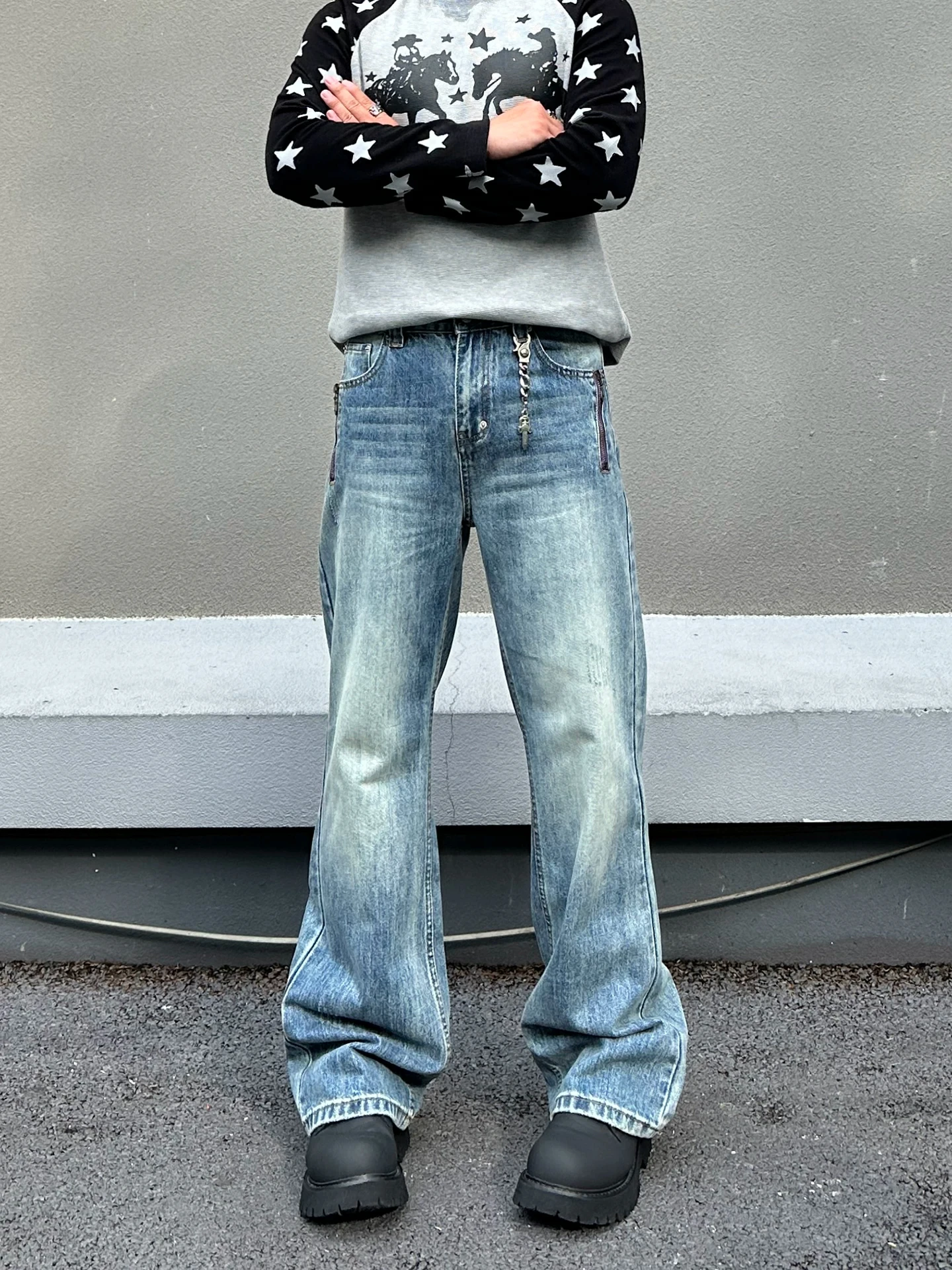 Cleanfit American Style  Washed Double Zipper Loose Straight Leg Jeans for Men Trendy Casual High Waist Denim Pants