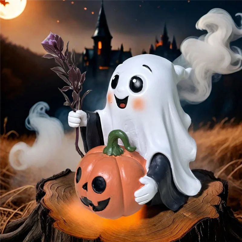 CYGJ-Garden Home Halloween Resin Sculpture Ornament Confused And Cute Ghost Pumpkin Party Decorations