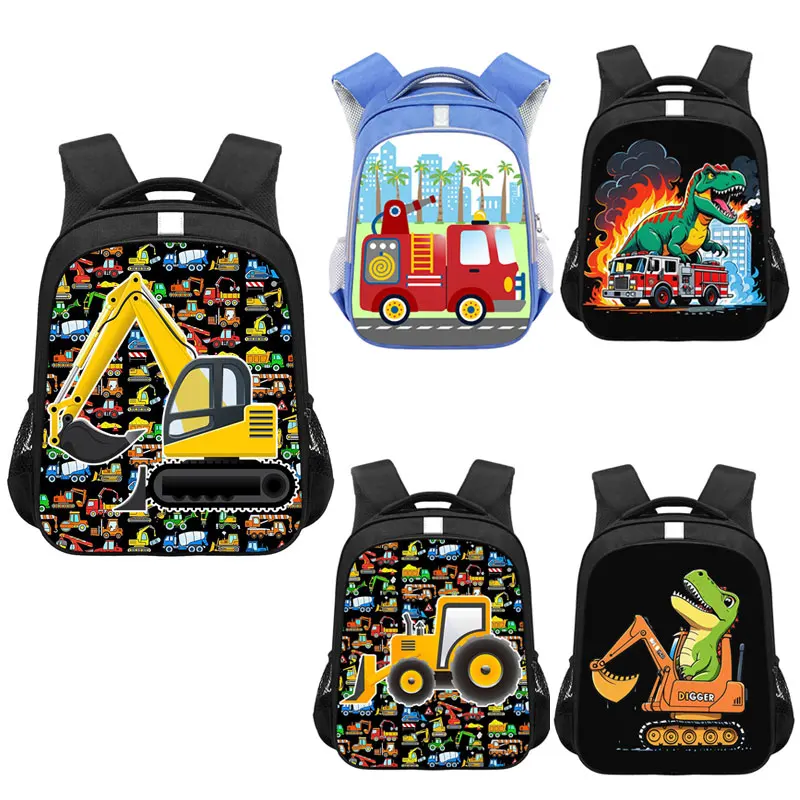 Cartoon Dinosaur Excavator Fire Truck Digger Backpack with Reflective Stripe Kids Daypack Children School Bags Boy Girl Bookbag