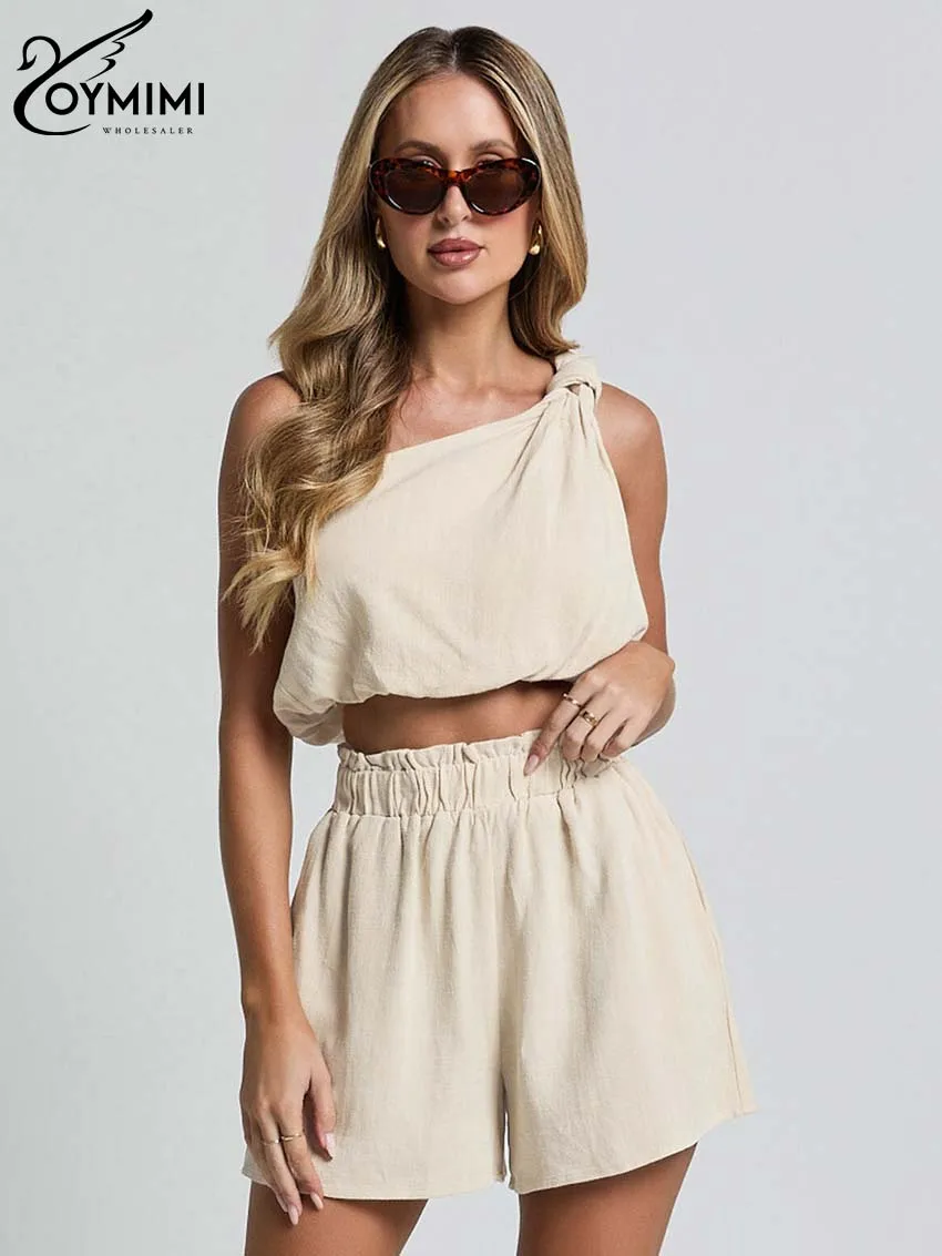 Oymimi Casual Khaki Baumwolle zweiteiliges Set für Damenmode ärmellose Crop-Tops mit einer Schulter und einfache Shorts mit hoher Taille