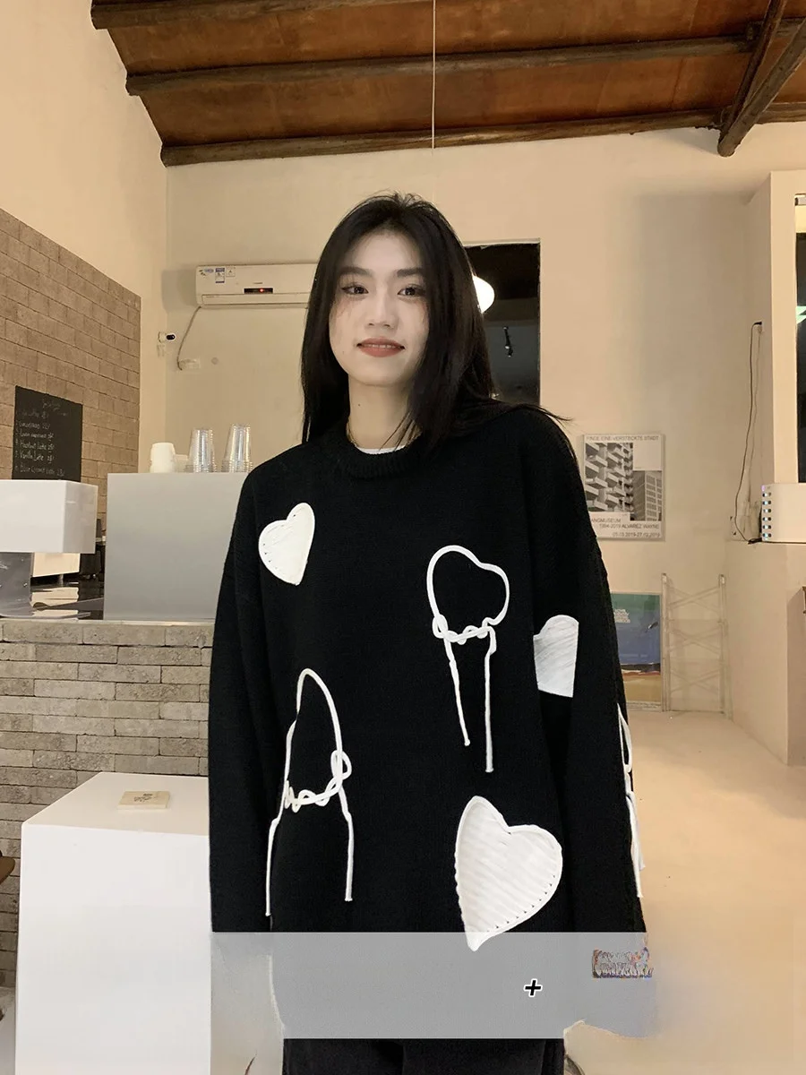 

Korean Sle Heart Print Loose Knitted Sweater Women's Autumn Winter New Sweet round Ne Lazy Faion Cotton Top
