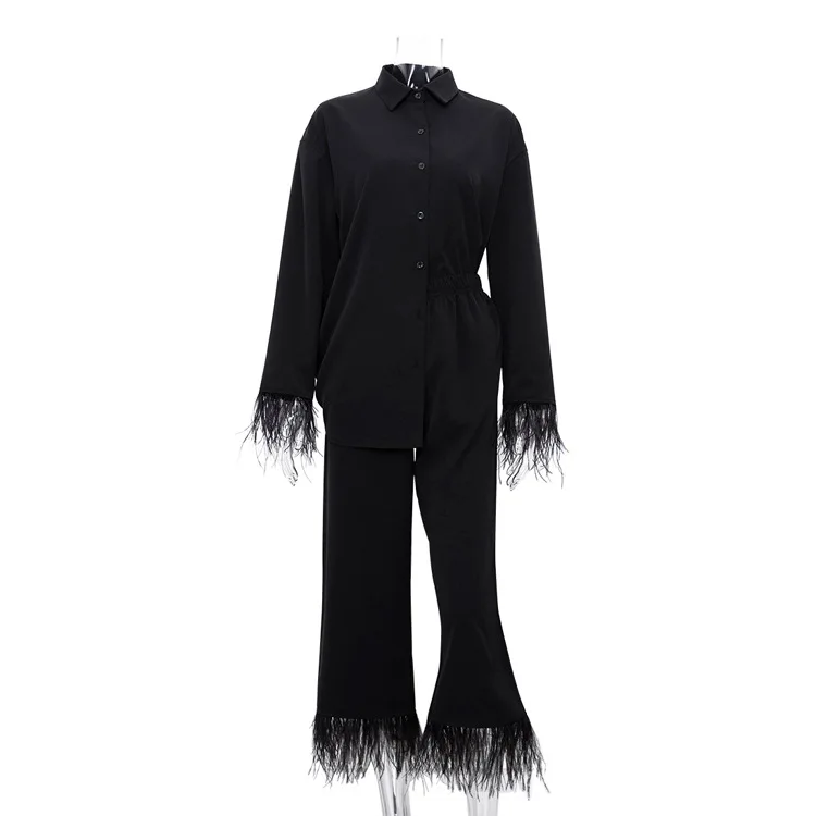 Silk Pajamas for Women Causal Home Suit Spring Elegant Loose Shirt 2 Piece Pants Set Female Feather Spliced Trouser Suits