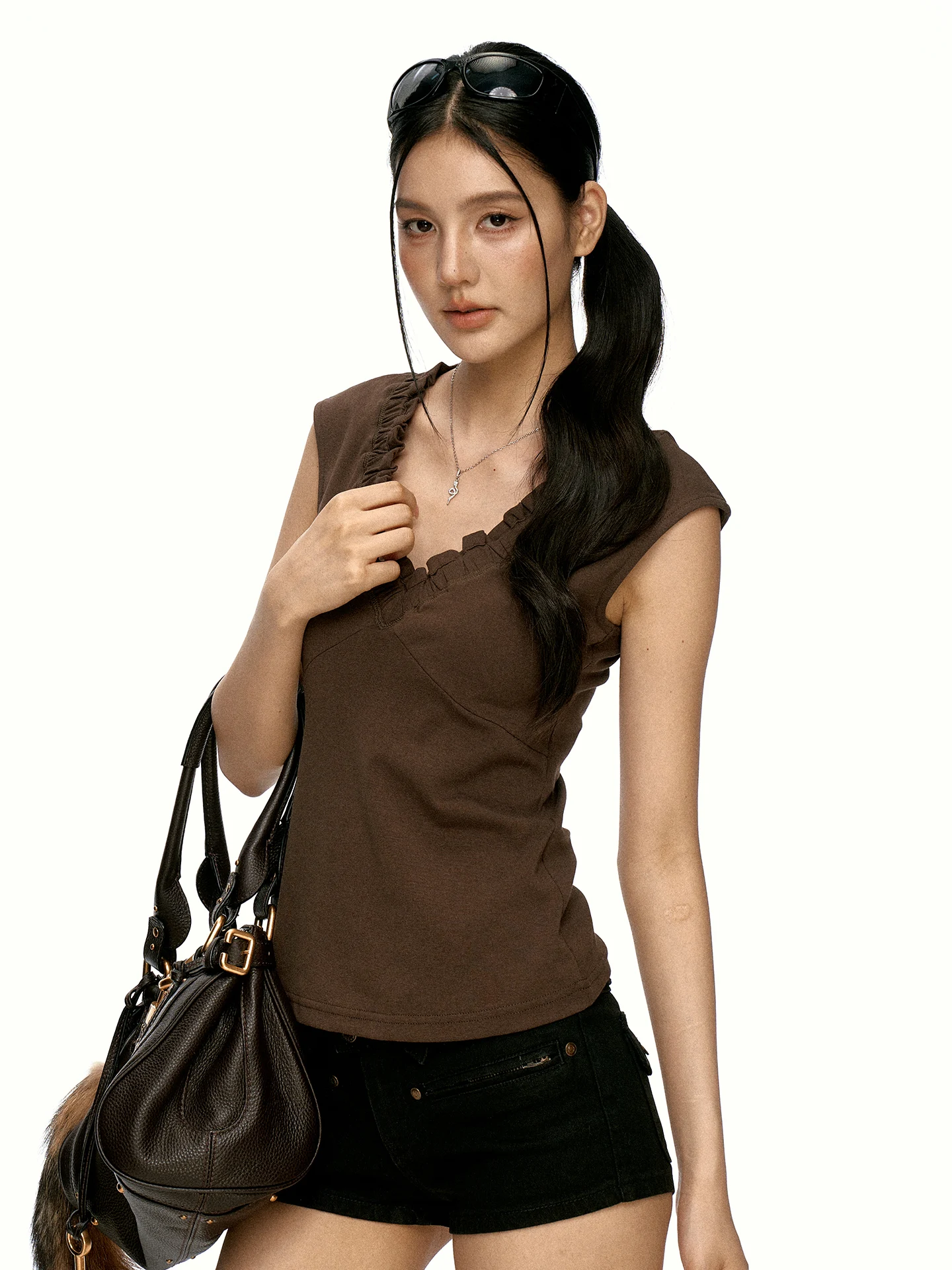 Aaisup Korean Style V-Neck Pleated Ruffle Sleeveless T-Shirt Women's Slim Fit Summer High-End Feelings Personality Top