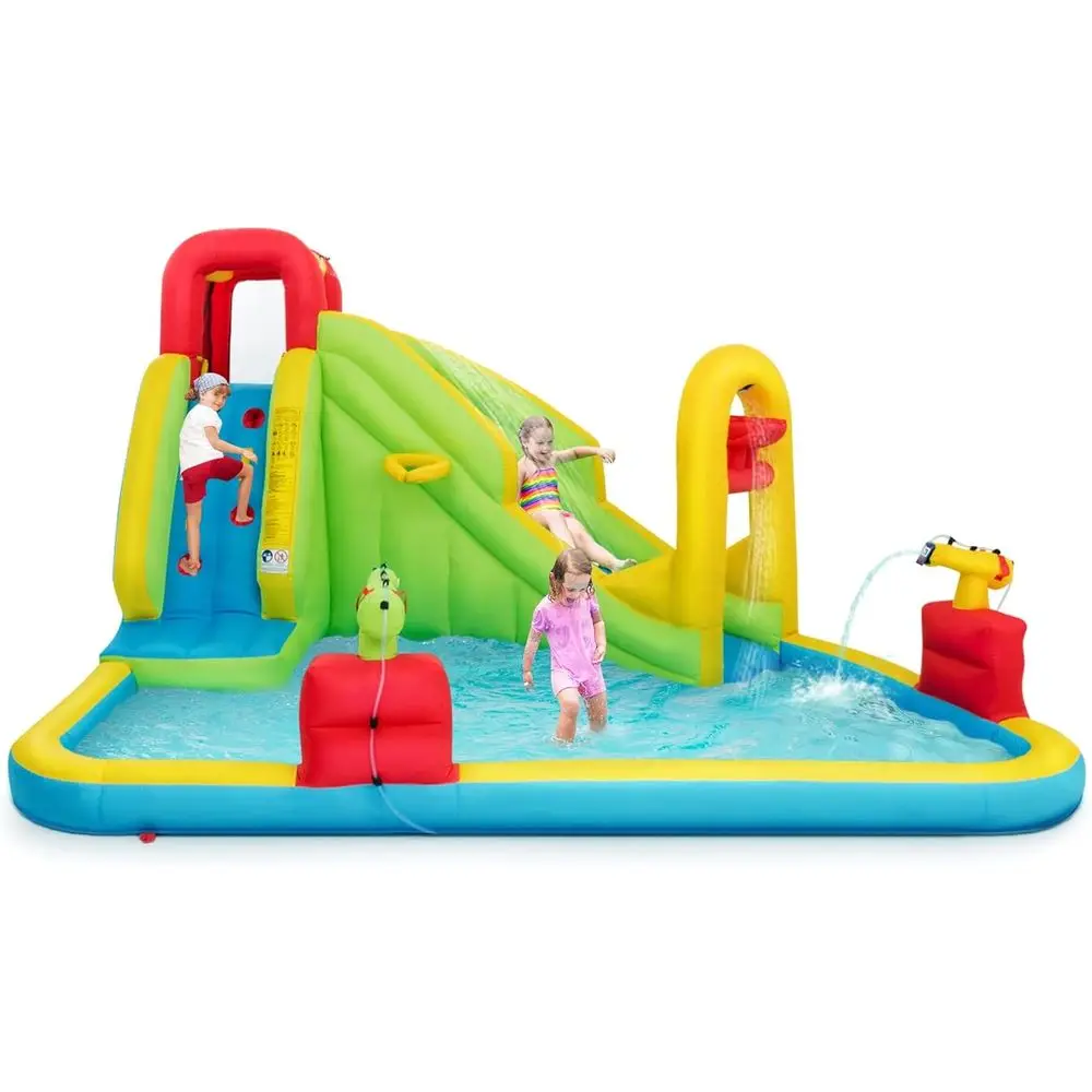 Scivolo d'acqua Iatable, casa da rimbalzo 7 in 1 con 2 diapositive, parete da arrampicata, piscina antispruzzo, bordo da basket, 2 pistole ad acqua, esterno