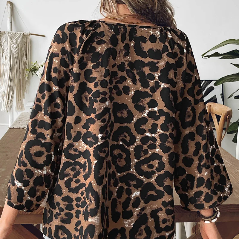 

2026 Spring/Summer Shirt Leopard Print Half-Sleeve V-Neck Shirt Pullover Top