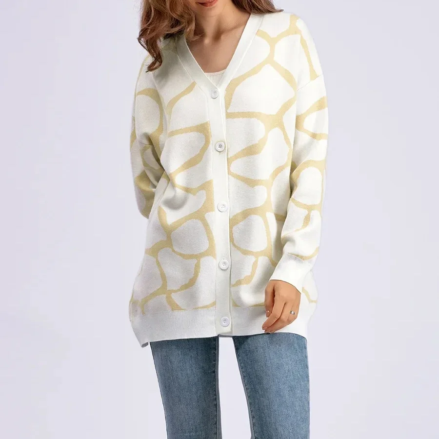 ผู้หญิงเสื้อสเวตเตอร์ถักเสื้อกันหนาวหลวม V คอพิมพ์เสื้อแขนยาวฤดูใบไม้ผลิสีชมพูเสื้อฤดูใบไม้ร่วงฤดูหนาว Elegant ถักเสื้อสเวตเตอร์ถัก