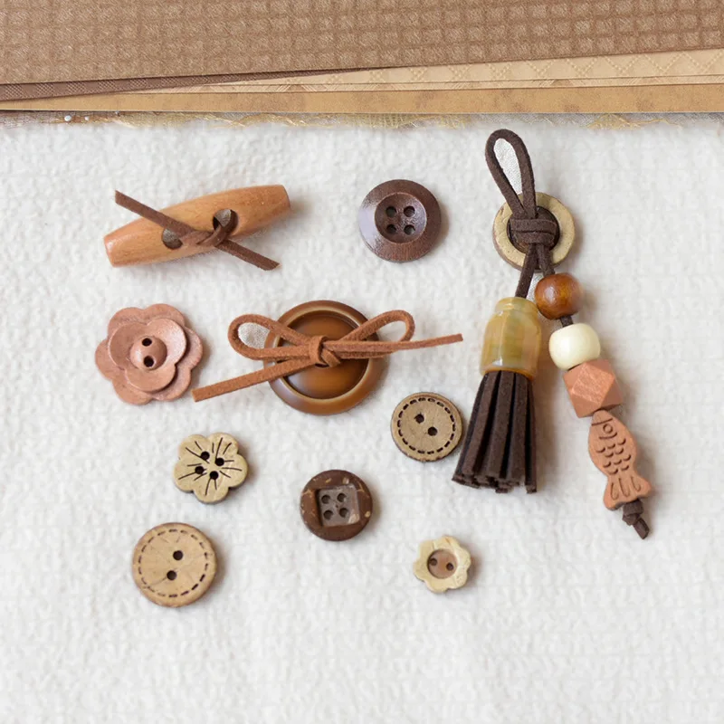 10Pcs Vintage Wooden Tassel & Button Mix - DIY Flat Back Craft Supplies for Shoes, Bags & Decor