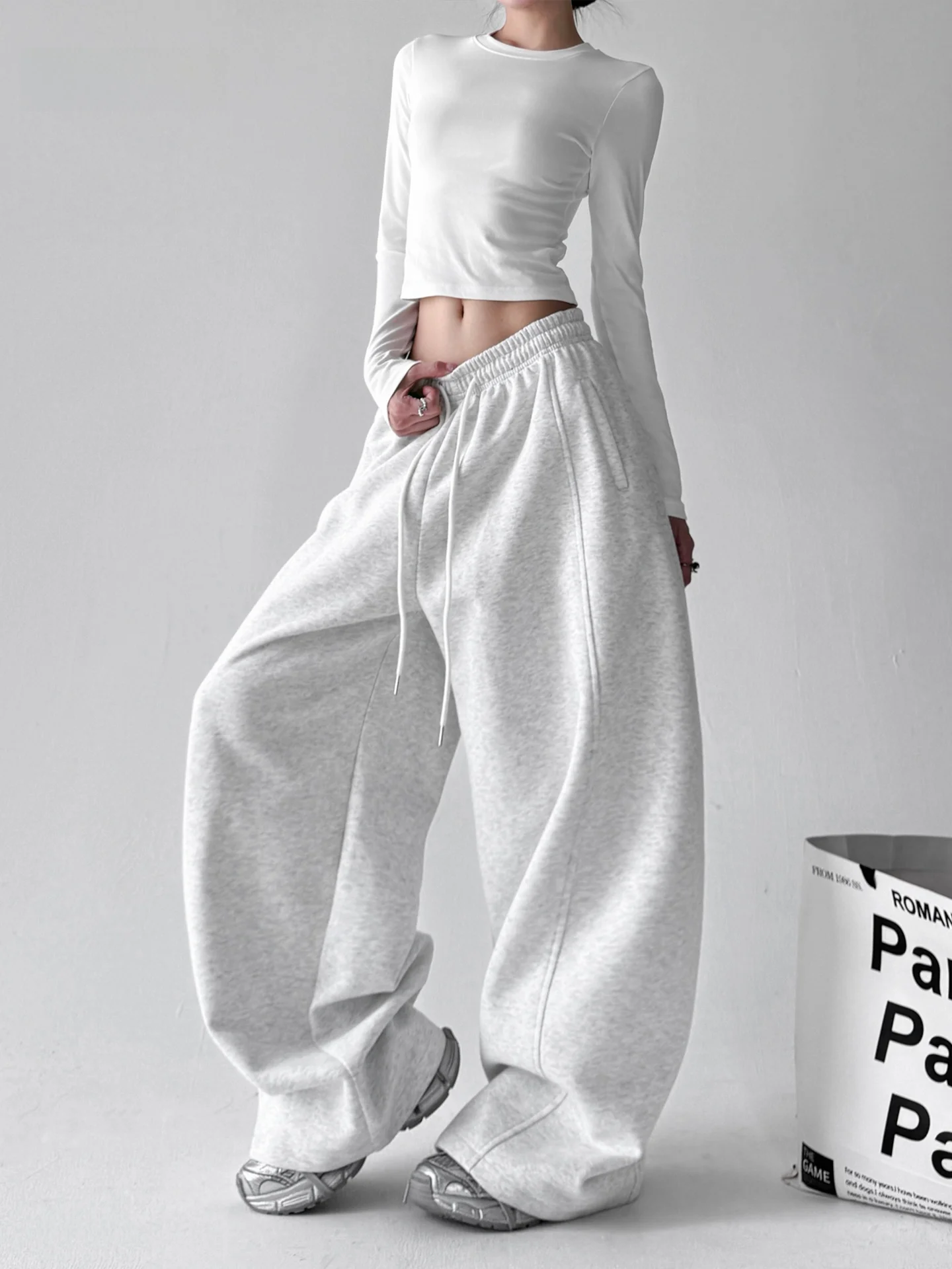 กางเกงขายาวทรงหลวมสไตล์ลำลองสำหรับผู้หญิง เนื้อผ้าผสมโพลีเอสเตอร์และคอตตอน เอวสูง เหมาะสำหรับฤดูใบไม้ร่วงและฤดูหนาว