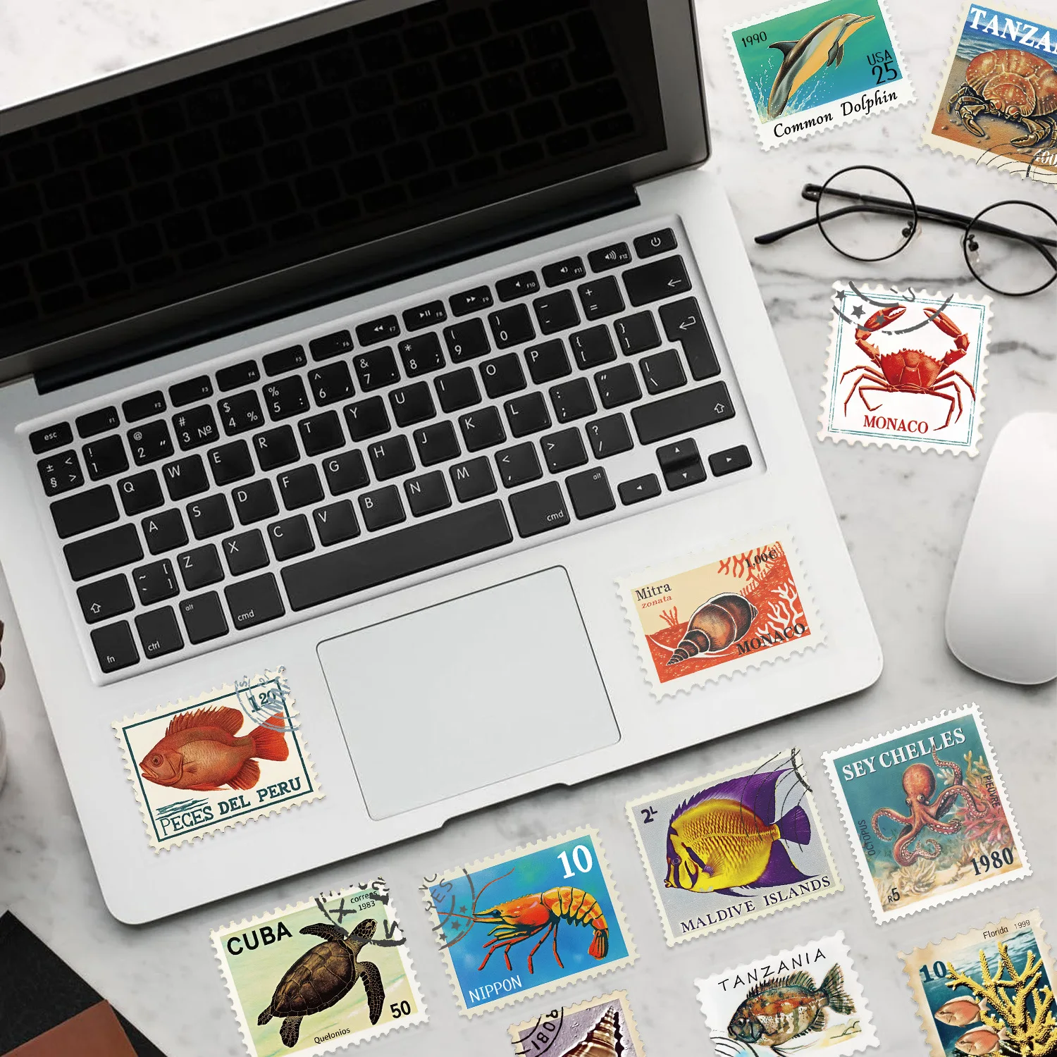 50Pcs/Set Vintage Ocean Stickers PET Waterproof, Retro Sea Animal Postage Stamp Style Nautical Marine Life Decals Stickers Decor