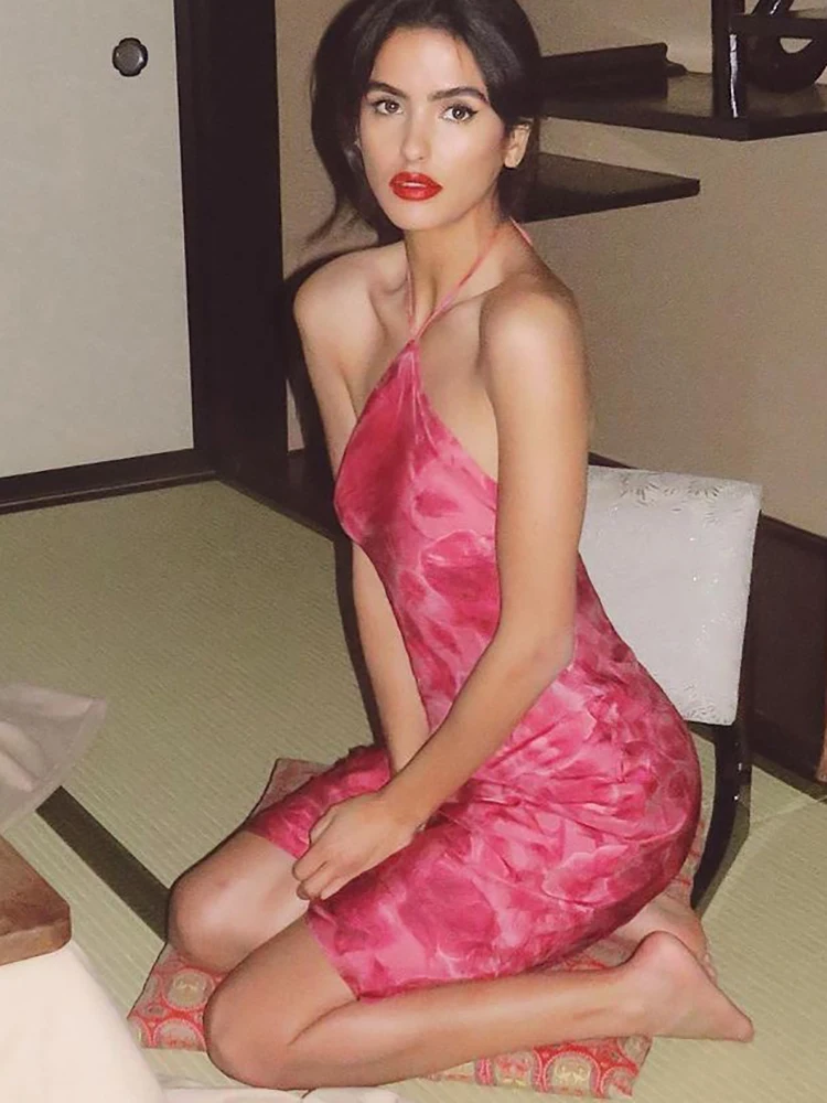 Dulzura rosa impressão rendas até halter mini vestido feminino bodycon sexy sem costas vestido floral roupa de festa elegante roupas de aniversário y2k