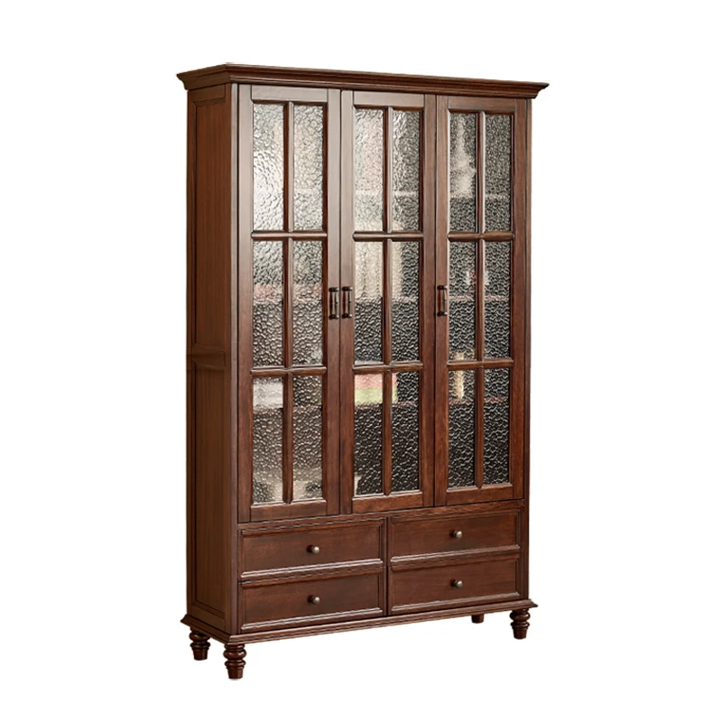 

American all solid wood three doors two doors bookcase with glass door antique bookshelf storage wine cabinet