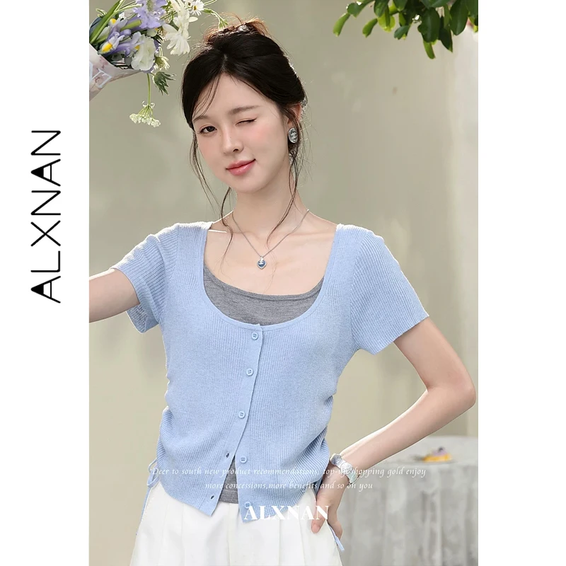 ALXNAN Blue T-shirt Fake Two-piece Women Summer Drawstring U-neck Knitted T-shirts 2026 Casual Short Sleeve Tops Female L66187A