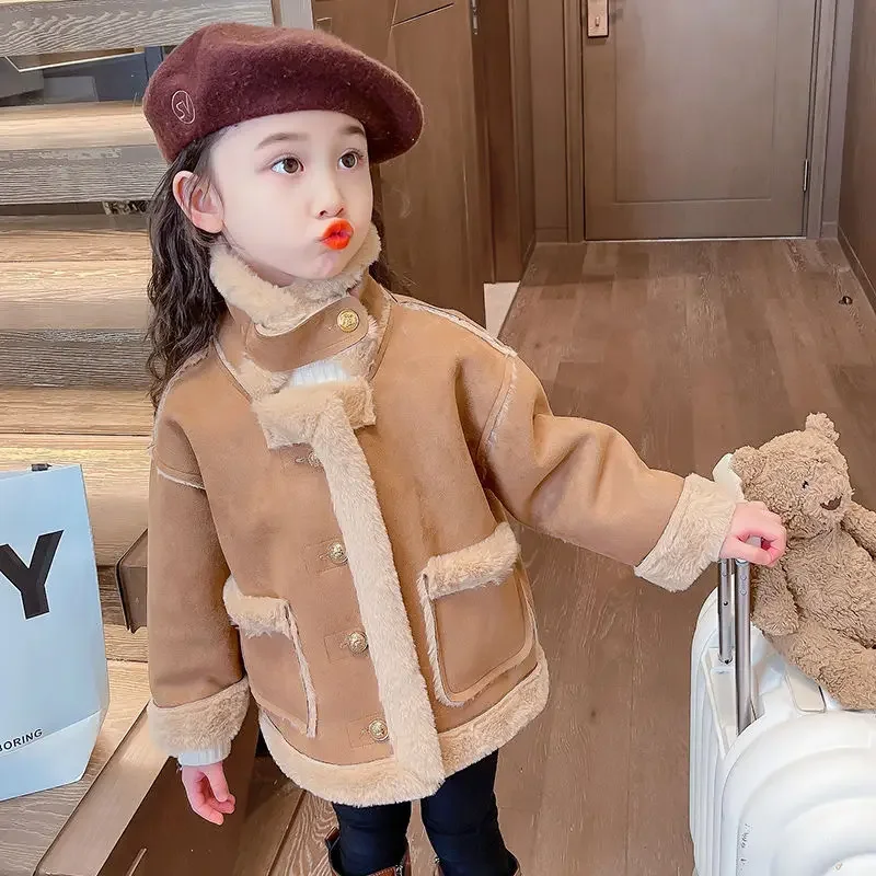 Girls Coat Fur One 2024 New Fleece Thickened Children Coat Foreign Style Baby Winter Simple Casual Coat Korean Simple Style