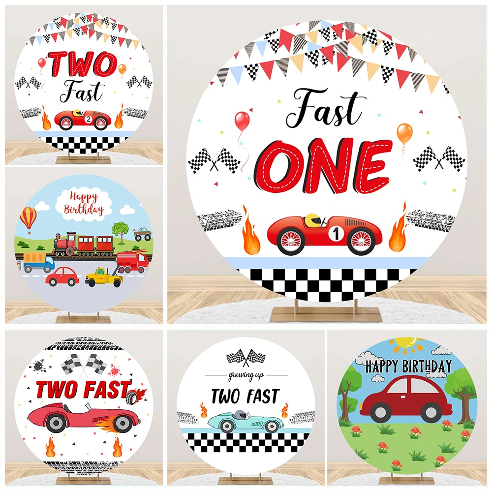 Racing Car Theme Round Backdrop Cover Two Fast Racing Kids Baby 2nd Birthday Party Circle Photography Background Photo Studio