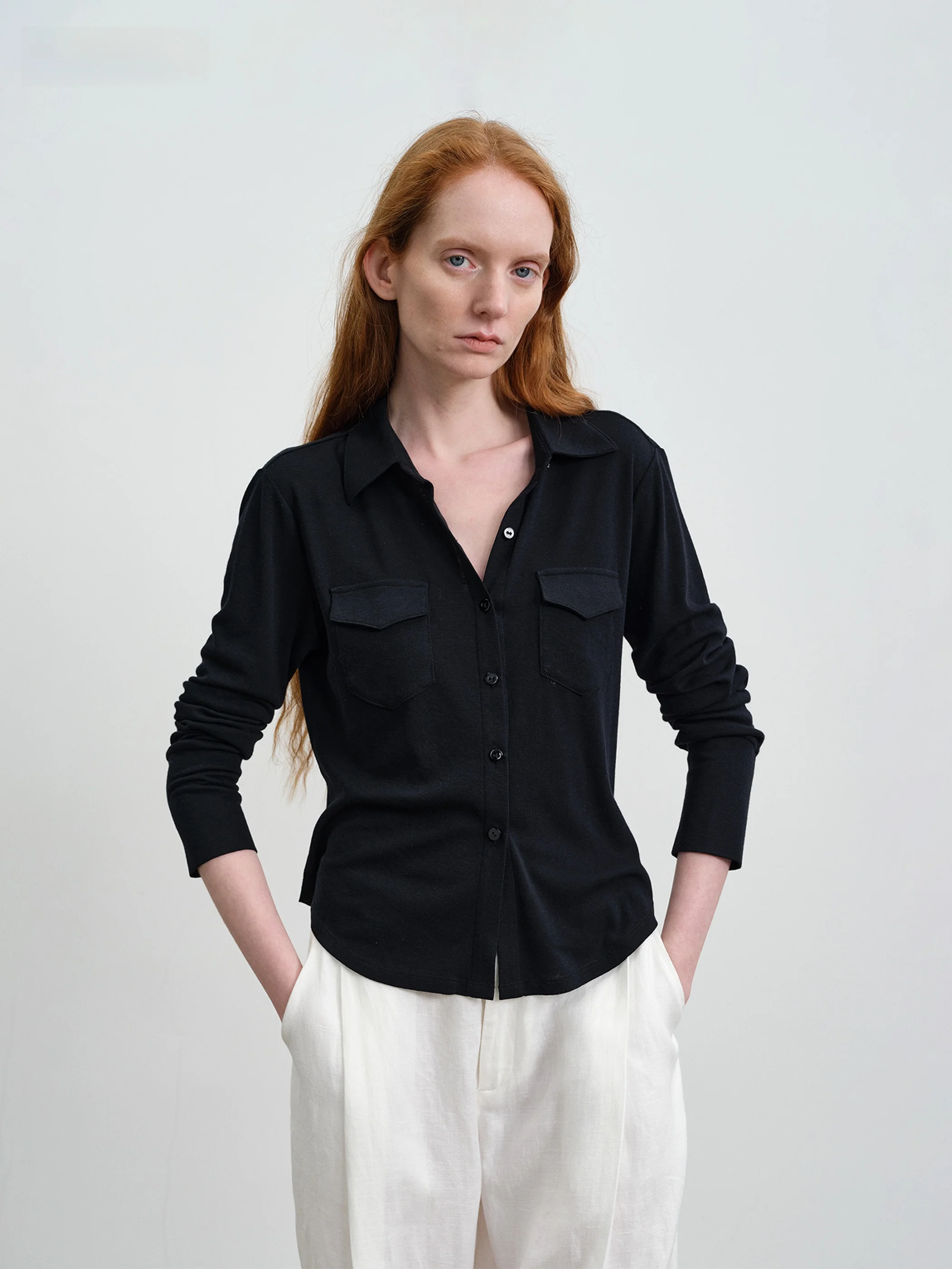 

Silavie Women's Slim Fit Wool Shirt Lightweight Spring Summer Belted Black White Casual Style Long Sleeve Anti-Wrinkle Breath...