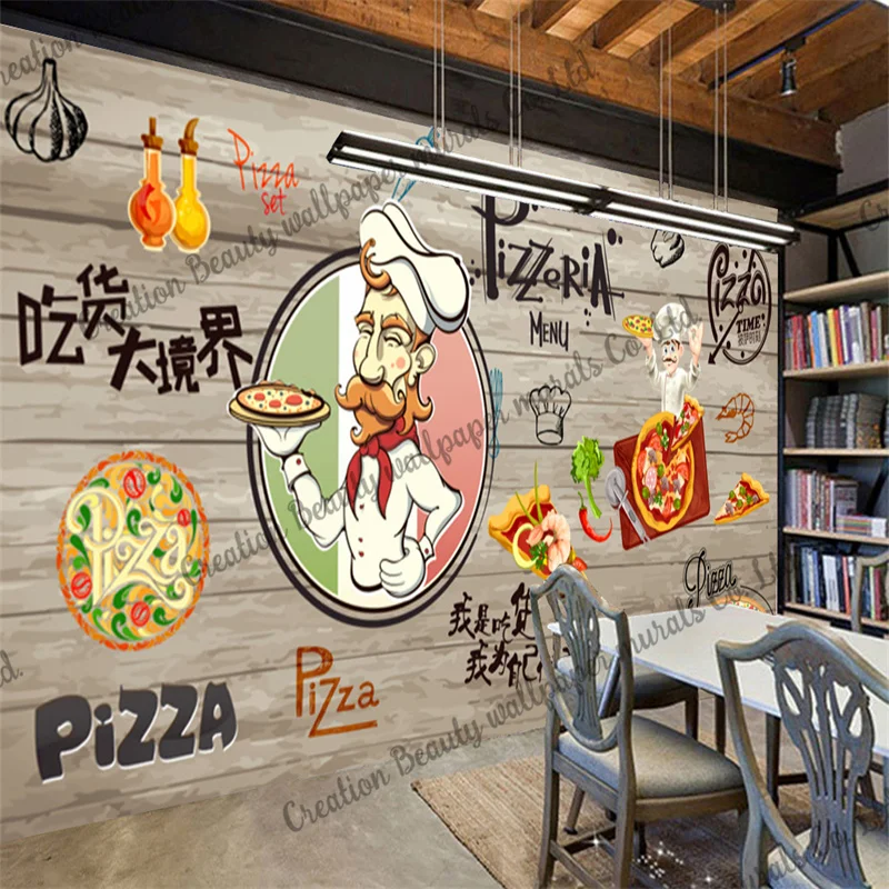 Hand Painted Wood Grain Pizza Wallpaper Mural Industrial Decoration Fast Food Restaurant Snack Bar Background Wall Contact Paper