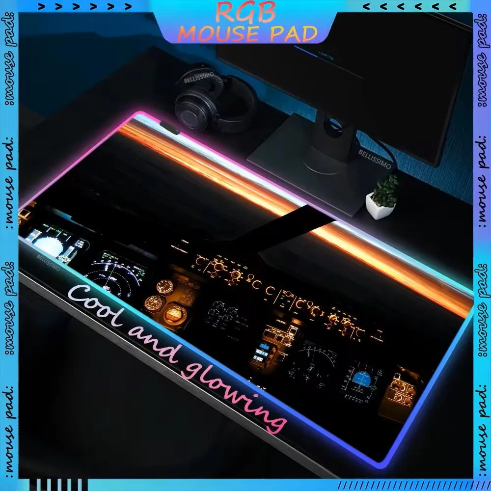 Imagem -02 - Rgb Led Cockpit Mouse Pads Tapetes de Mesa Avião Cidade Visão Noturna Xxl Teclado de Jogo Grande Borracha de Luz de Fundo Mouse Pad Antiderrapante