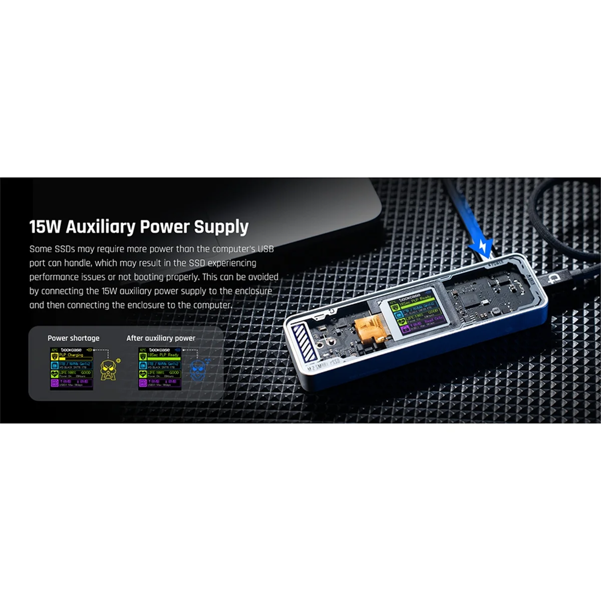 حاوية BVBV Smart 2280 M.2 NVMe SSD إصدار Cyber Design Explorer مع شاشة LCD بحد أقصى 10 جيجابايت في الثانية من النوع C باللون الأسود