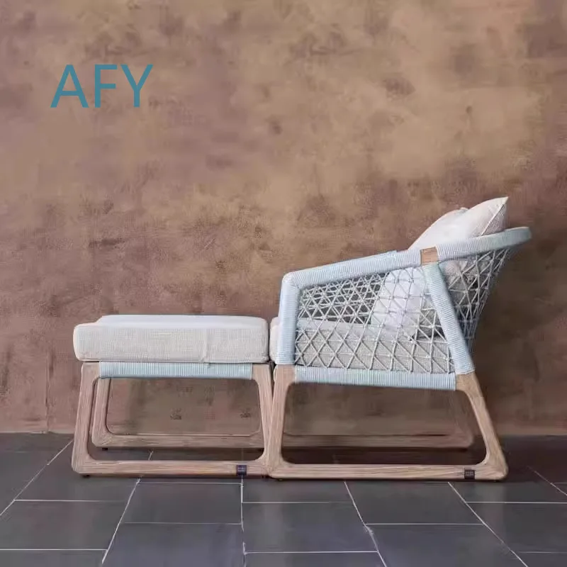 Nordic Outdoor Teak Sofa Set for Villa Patio Balcony Garden Rattan Chair Leisure Outdoor Rope Woven Furniture Solid Wood