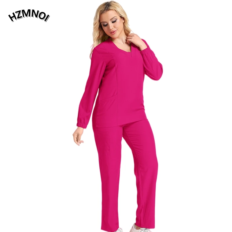 Men or Women Nurse Scrub Suit V-Neck Long Sleeved and pant Multi-Color Multi-Pocket Professional Uniform Healthcare Workwear