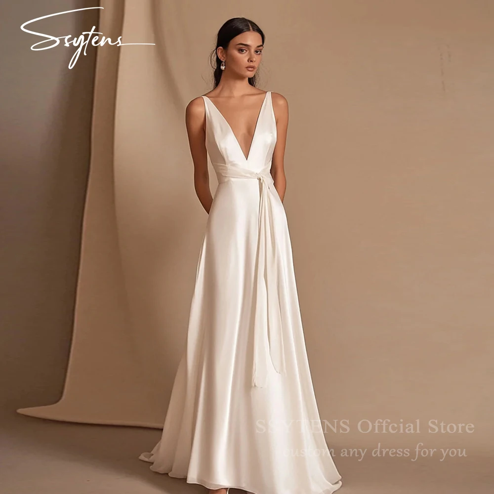 

SSYTENS Elegant Simple Satin Wedding Dress for Bride Party A-Line Plus Size Customized Bridal Gown for Women Vestidos De Novia