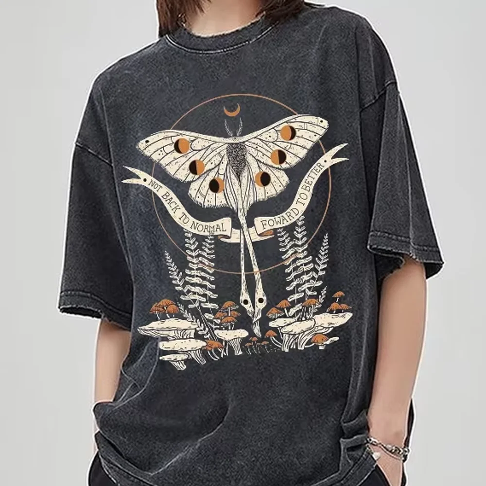 

Butterfly Mushroom Plant Print Women Wash T-Shirt Distressed Faux Denim Oversized Short Sleeve Fashion Top Unisex Teen Student