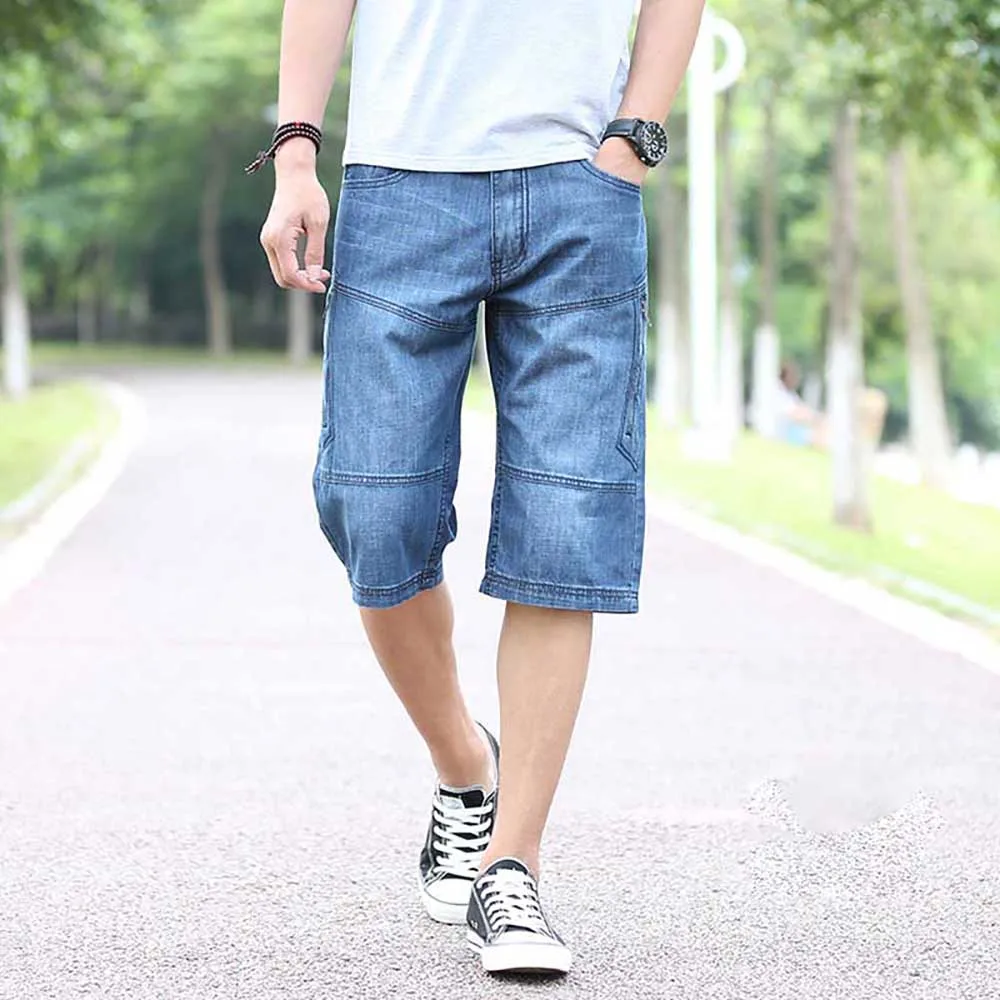 Fashion Summer Denim Men\'s Casual Jeans Shorts Straight Loose Baggy Cargo Short Side Zipper Pocket Plus Size Streetwear Clothing