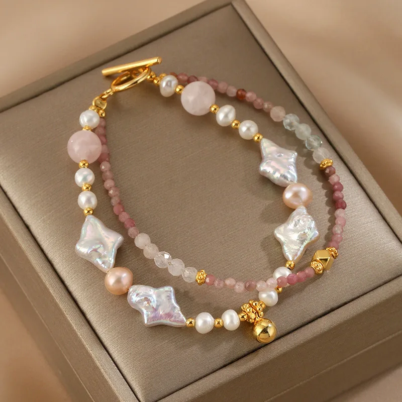 Barokowa bransoletka z pereł Podwójnie ułożona bransoletka z turmalinu w proszku z klamrą OT