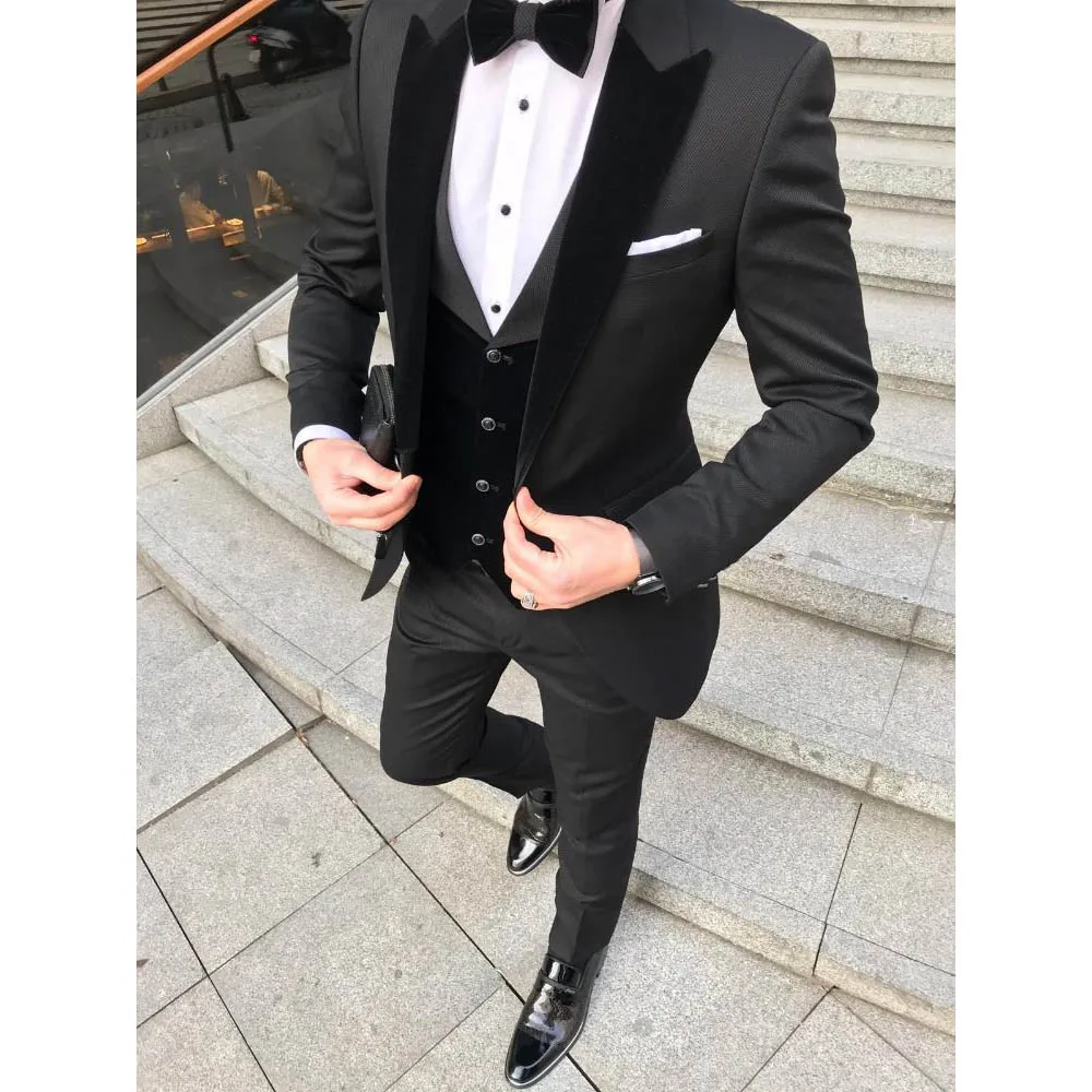 

Wedding Suits for Men Fashion Peak Lapel Black Male Suit Party Prom Groom Best Man Tuxedo Slim Fit 3 Piece (Blazer+Vest+Pants)