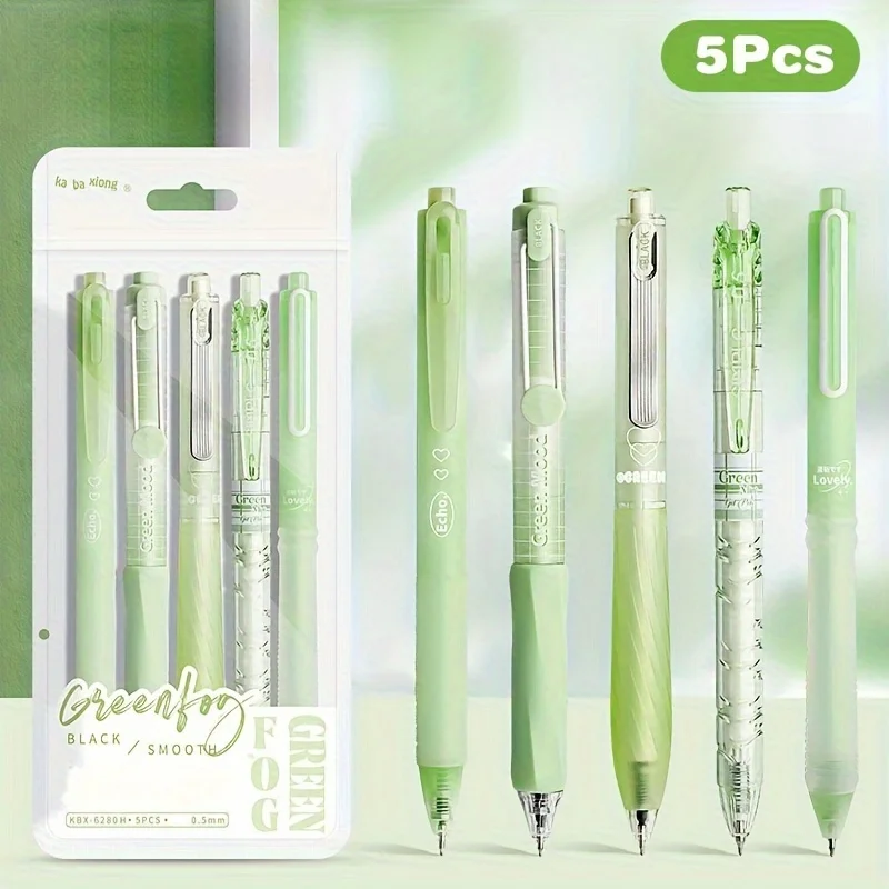 

5Pcs Green Gel Pens 0.5mm Fine Point Smooth Black Ink Aesthetic School Office Stationery Set
