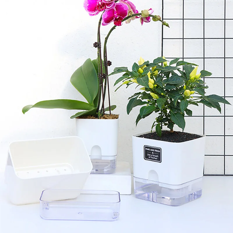 Rectangular Self Watering Flowerpot Cotton Rope Automatic Suction Planter Transparent Plastic Square Plants Pot