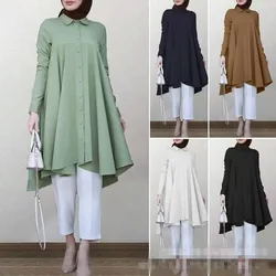 Abayas de manga comprida multicolor para mulheres, Abayat muçulmano, lapela, botão Placket, Dovetail Arc Hem, camisa islâmica