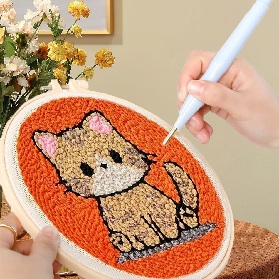 GATYZTORY punch needle embroidery set kit Cat Cute Animal Picture Cross stitch kits Embroidery frame crafts for adults Diy Gift