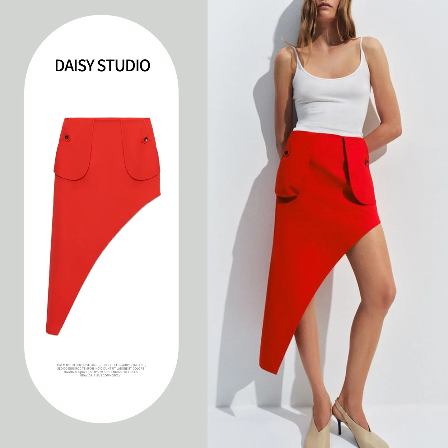 Summer New Women's Zipper Asymmetric Hem Pocket Decorated Midi Skirt mid Waist Non Symmetrical Fashion Trend Polyester Fiber