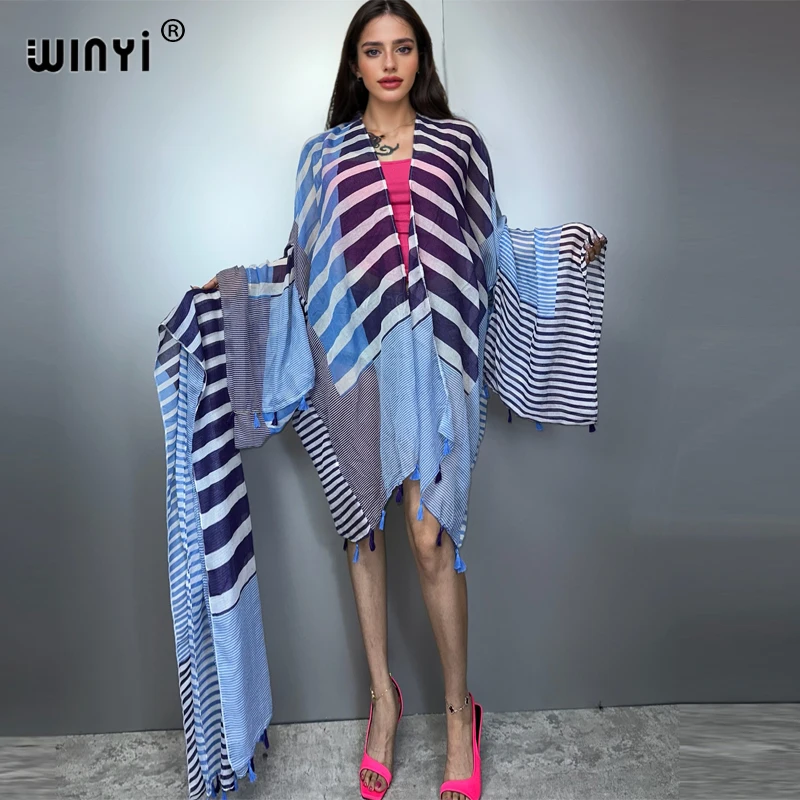 WINYI Bohemian Kimono Strand Outfits Frauen Sommer Strand Cover Up Boho Cardigan Stich Selbst Gürtel Urlaub Langarm Print Mantel