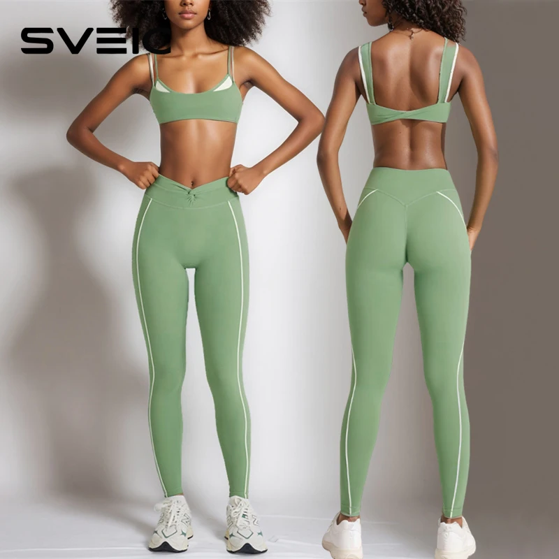 

SVEIC Yoga Sets Fake Two-Piece Sports Bra Fitness Legging Contrast Color Waisted Twist Workout Running Shorts Gym Woman Clothing
